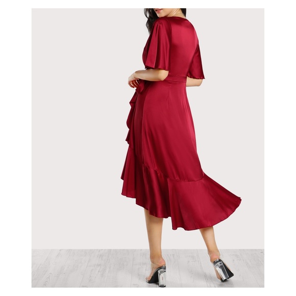 Deep Red Satin Ruffle Wrap Tie Dress - Picture 3 of 5